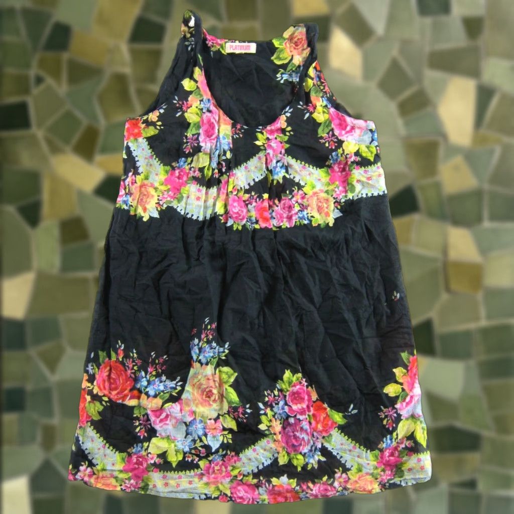 Vintage Platinum 100% Lightweight Cotton Pink Green Black Floral Pocket Tank Dress S/M Dress Size S / US 4 / IT 40 - 1 Thumbnail