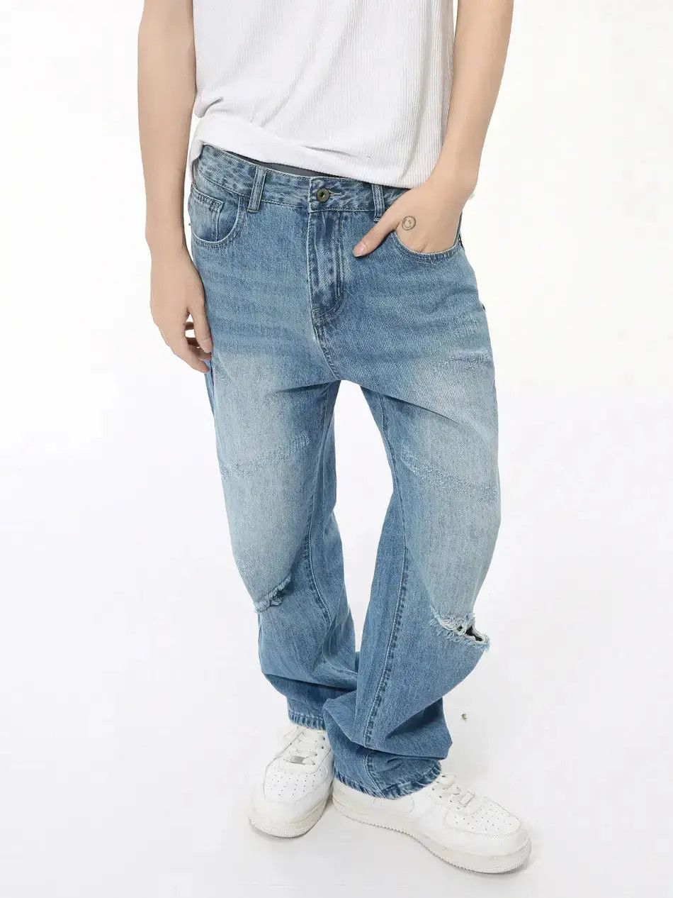 Japanese Brand Retro loose straight leg ripped jeans Size US 32 / EU 48 - 4 Thumbnail