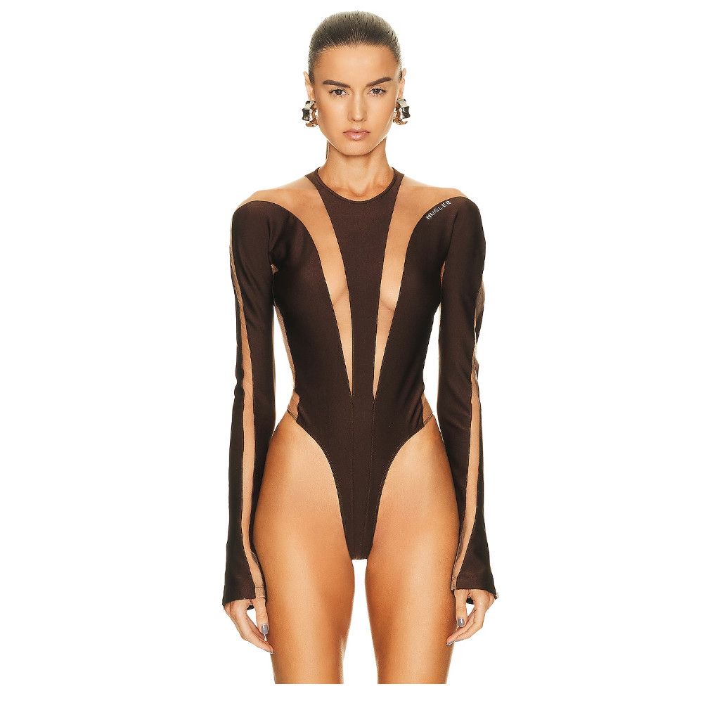 image of Mugler Long Sleeve Illusion Bodysuit In Chocolate & Nude 36 in Brown, Women's (Size Small)