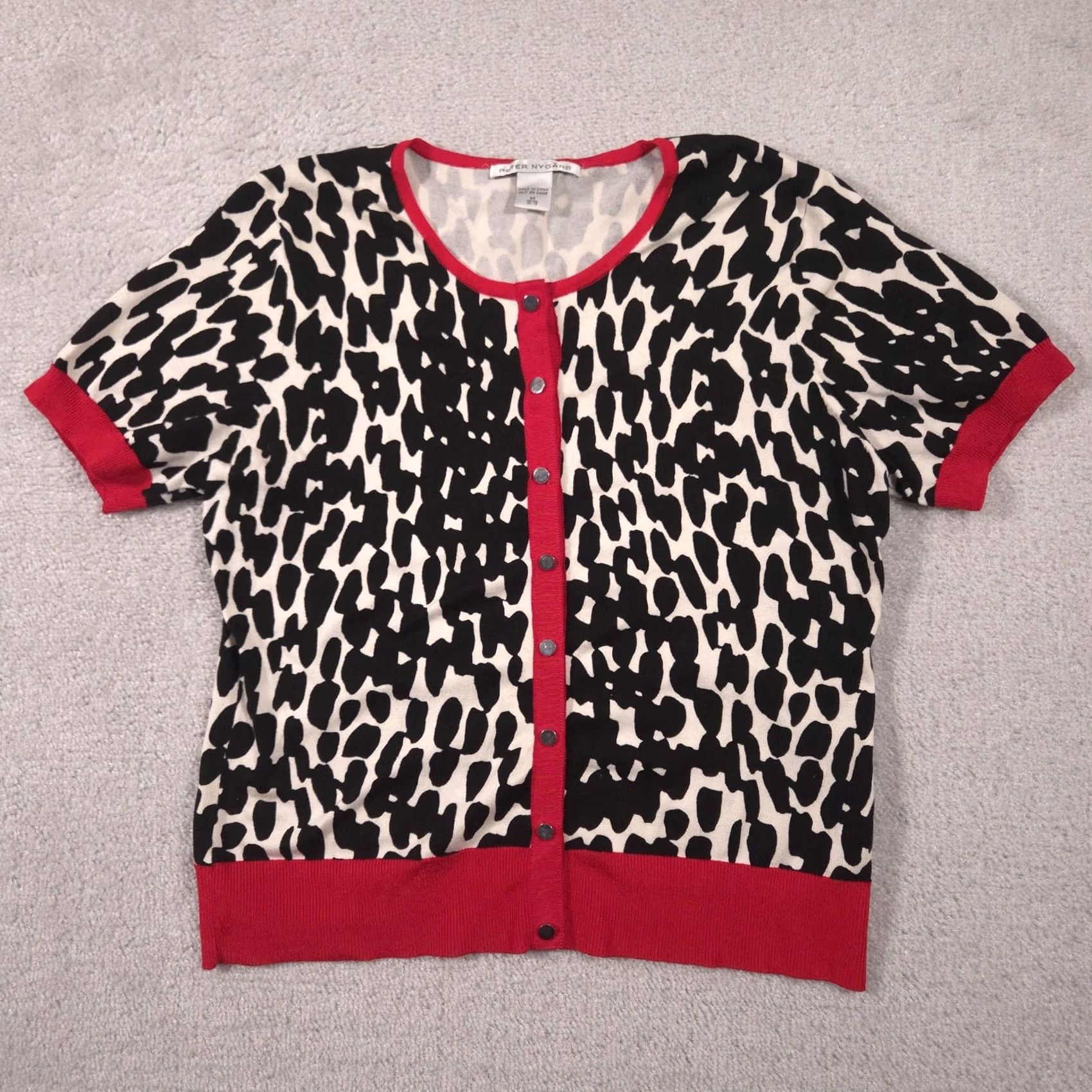 Vintage Peter Nygard Cardigan Sweater Womens M Black Leopard Crew Neck Short Sleeve Size M / US 6-8 / IT 42-44 - 2 Thumbnail