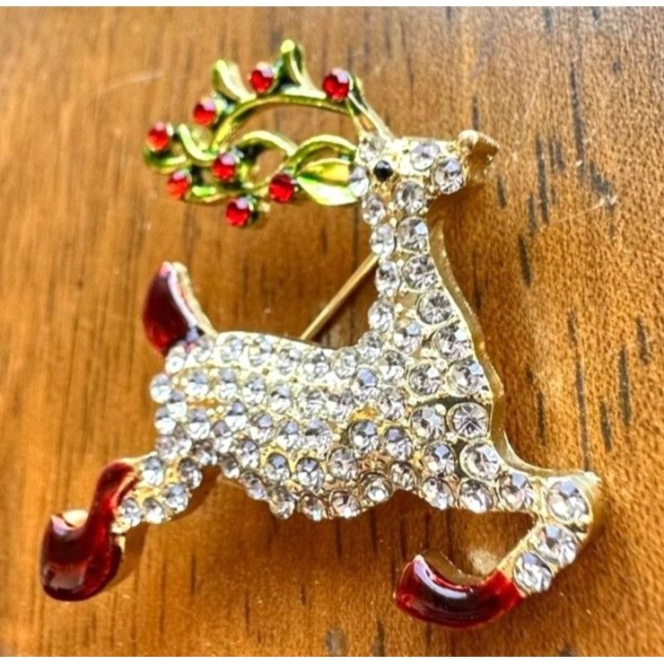 Handmade Reindeer Brooch Pin Rudolph Christmas Eve New Crystal Accent Size ONE SIZE - 10 Thumbnail