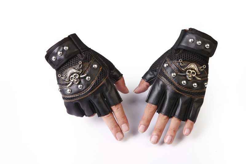 Leather Punk Skulls Rivet PU Leather Gloves Size ONE SIZE - 2 Thumbnail