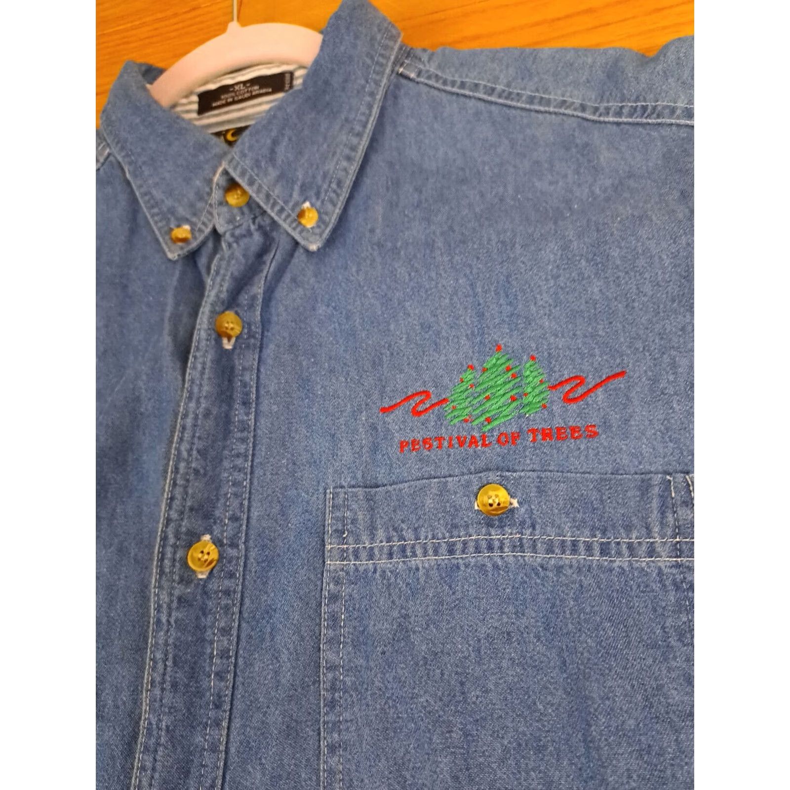 Vintage Festival of Trees Blue Jean Full Button Embroidered Shirt XL Unisex Adults Denim Button-Up Long Sleeve Blue Luna Pier Size US XL / EU 56 / 4 - 2 Thumbnail