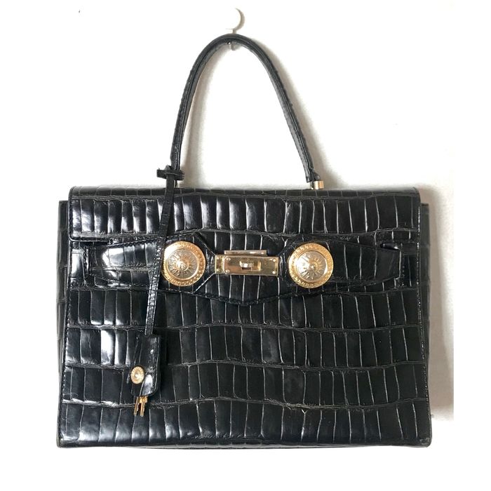 Gianni Versace Vintage Gianni Versace Black Croc Embossed Kelly Bag 