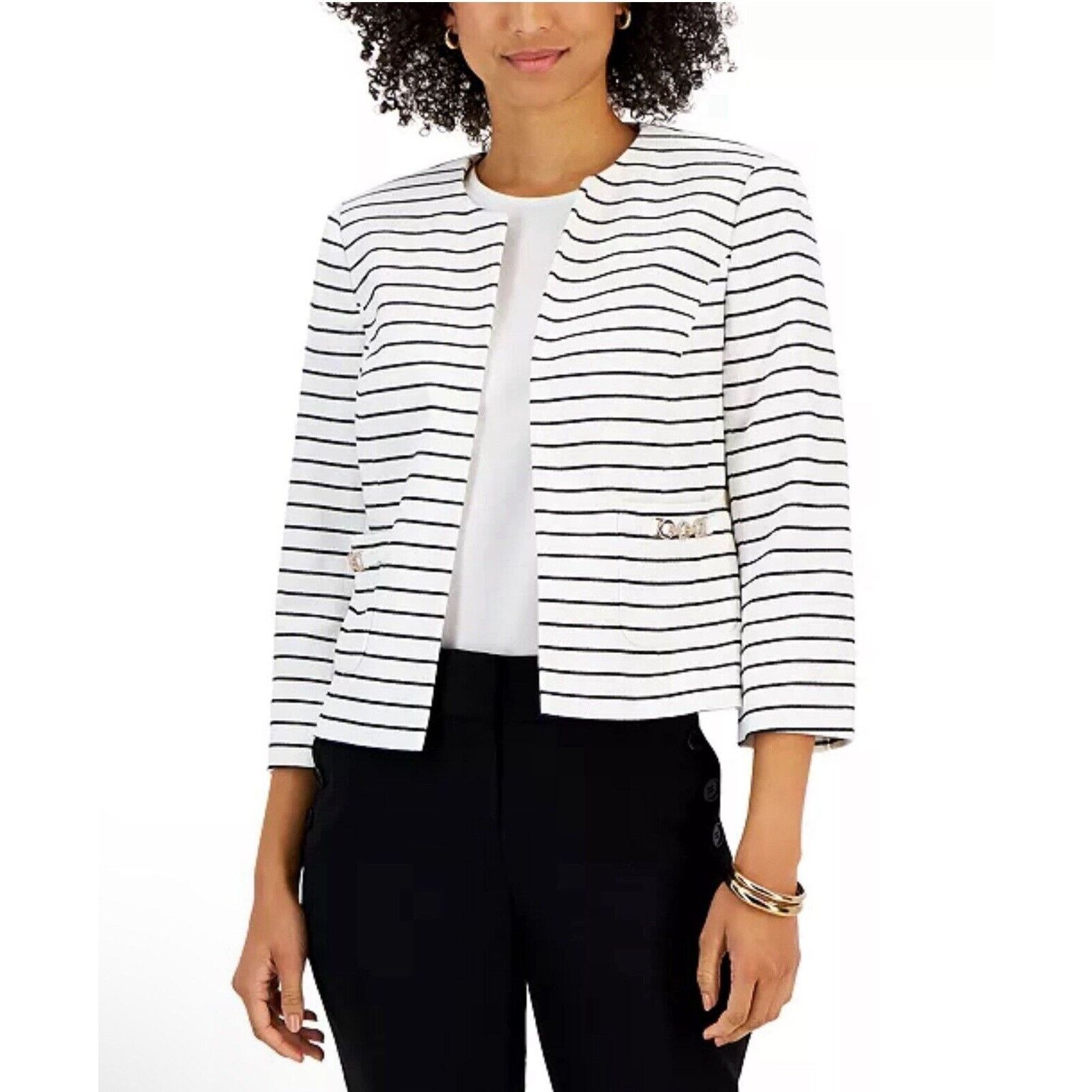 The Unbranded Brand Kasper Open-Front Blazer Jacket Women's Size 8 White Striped Size M / US 6-8 / IT 42-44 - 1 Thumbnail