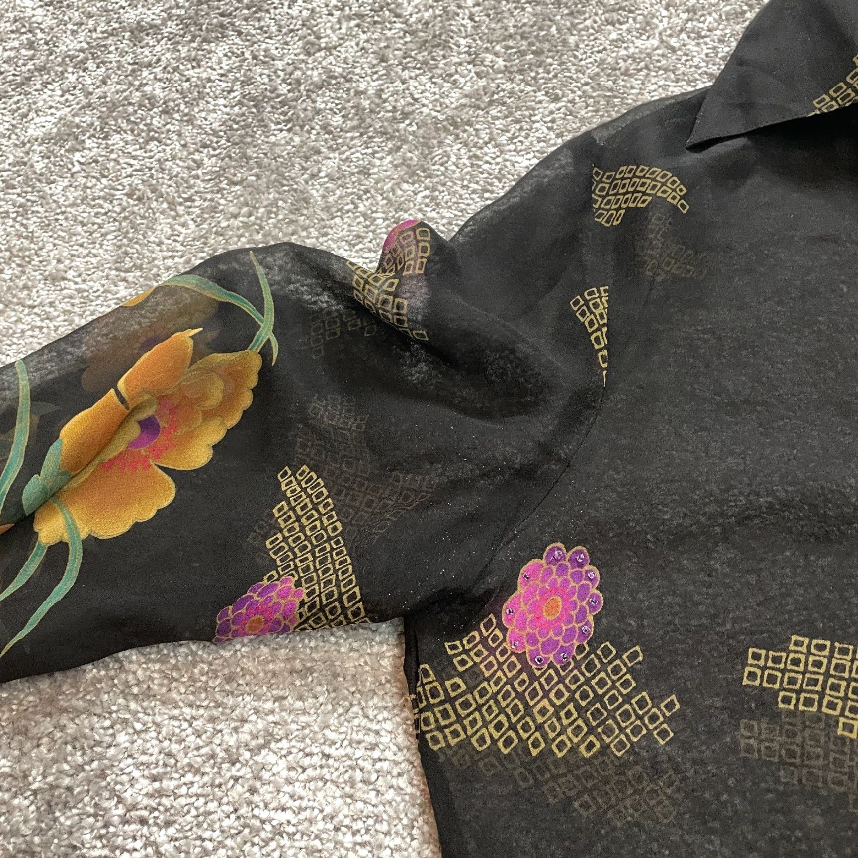 Vintage Chadwick's Blouse Button Up Top Womens M Black Purple Sheer Tropical Floral Size M / US 6-8 / IT 42-44 - 4 Thumbnail