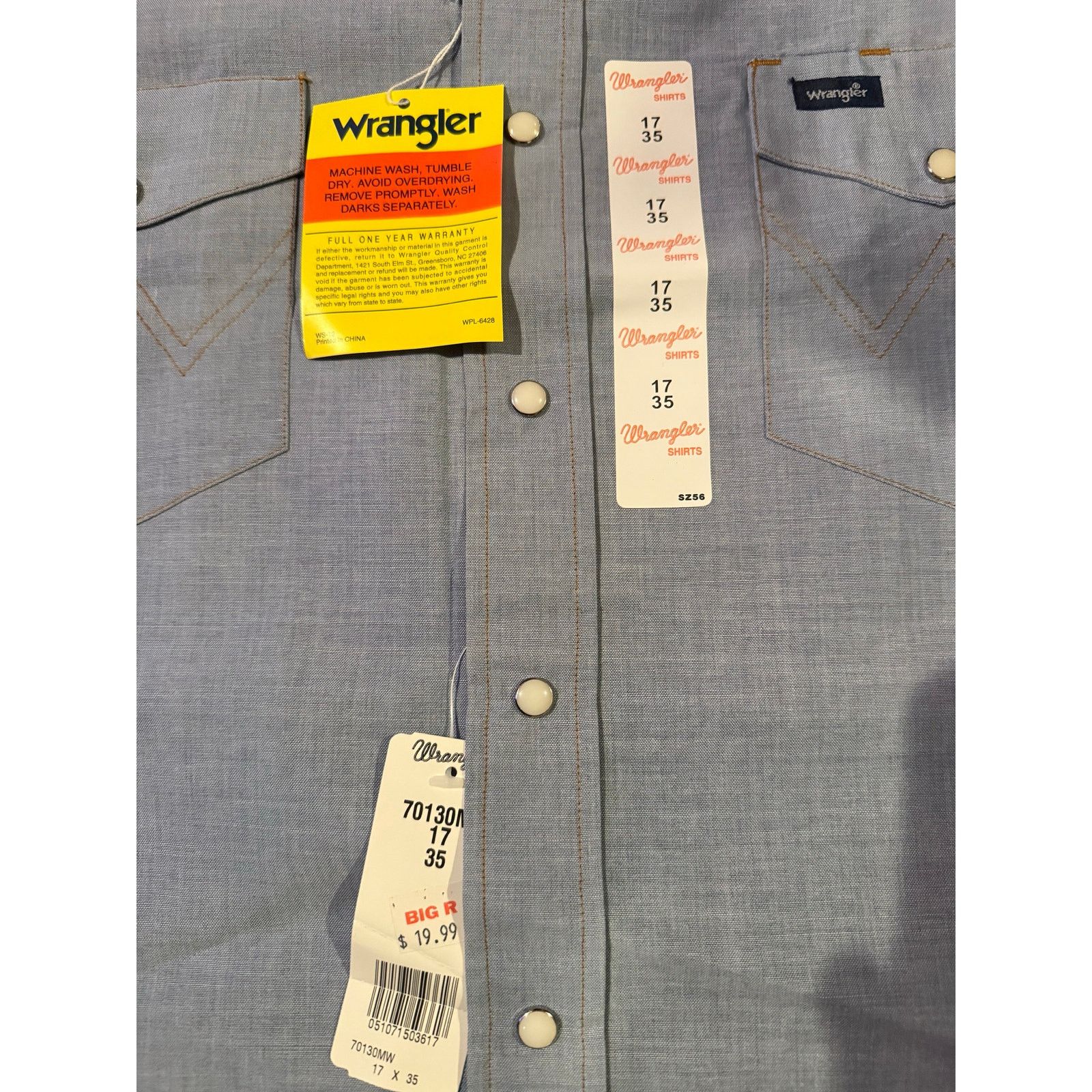 Wrangler Wrangler Western Pearl Snap Shirt – Light Blue Chambray NWT Size US XL / EU 56 / 4 - 2 Thumbnail