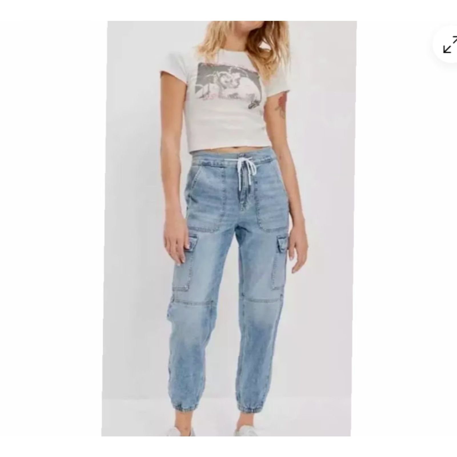 American Eagle Outfitters VINTAGE American Eagle Outfitters Cargo Joggers-Style Chambray Pants-Size 00 Women Blue Cotton Blend High Rise Tapered Pants Size ONE SIZE - 2 Thumbnail