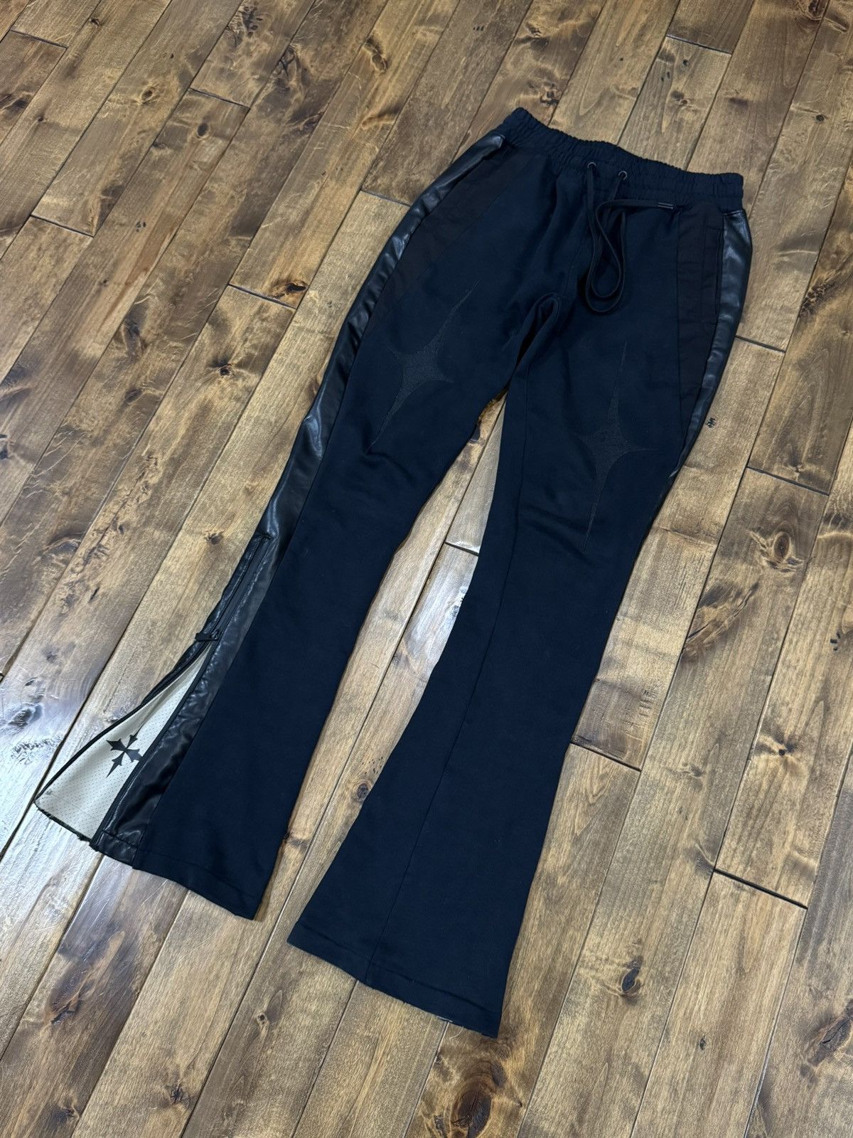 Vie + Riche Paris Vie+Riche Onyx Mixed-Media Flared Track Pants Black Leather Size US 32 / EU 48 - 7 Thumbnail