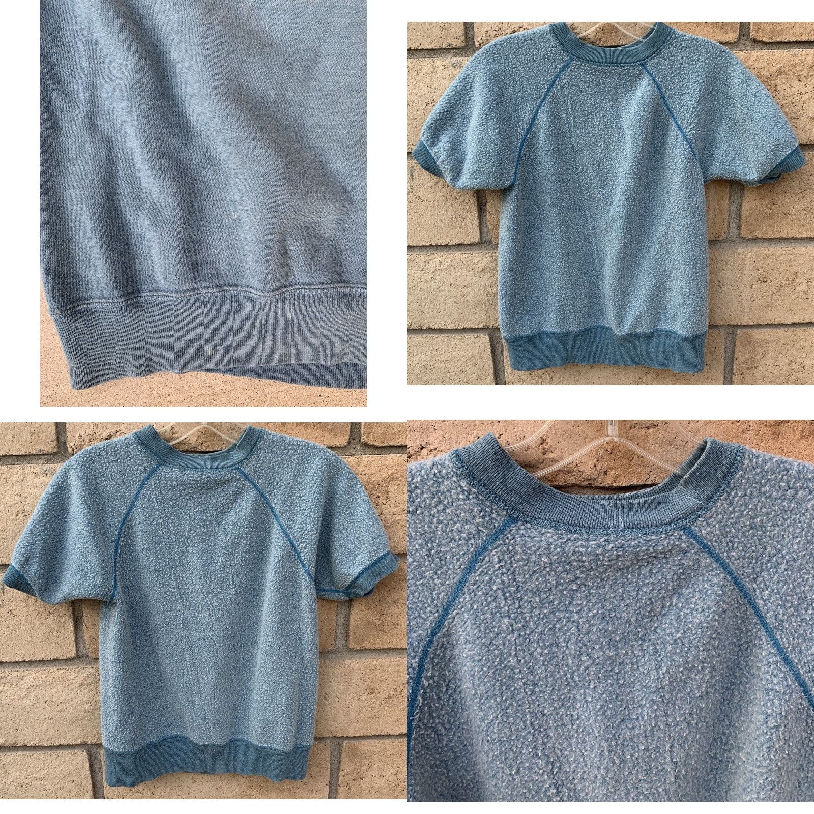Vintage VINTAGE Raglan Short Sleeve Sweatshirt Blue XS Pullover Distressed Bleached Spots Popover Jumper Greaser Beatnik Worn Untypical Vintage Size US XS / EU 42 / 0 - 10 Thumbnail