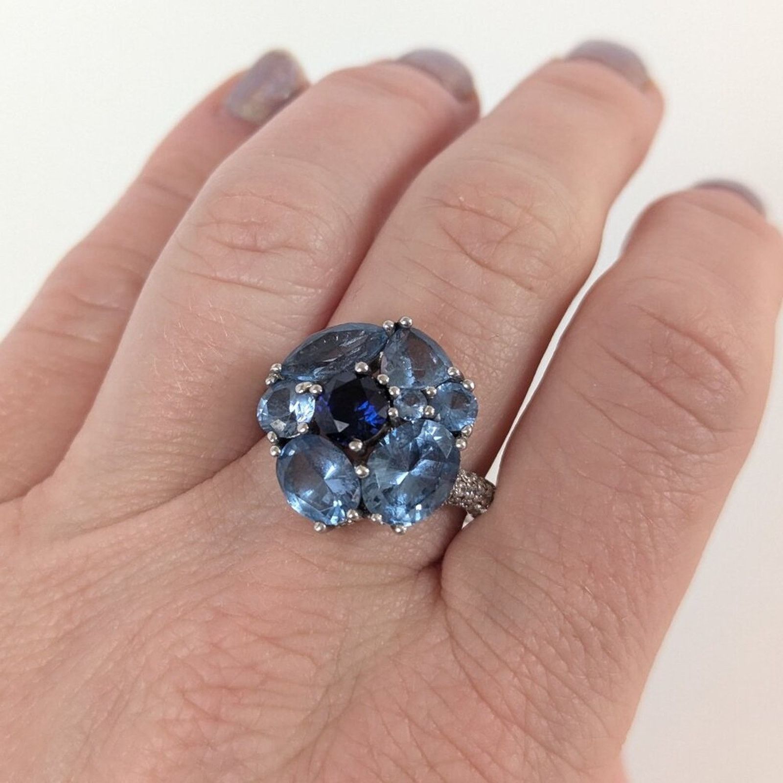 Vintage Jean Dousset Silver 925 Blue Topaz Flower Cocktail Ring 8 Size ONE SIZE - 6 Thumbnail