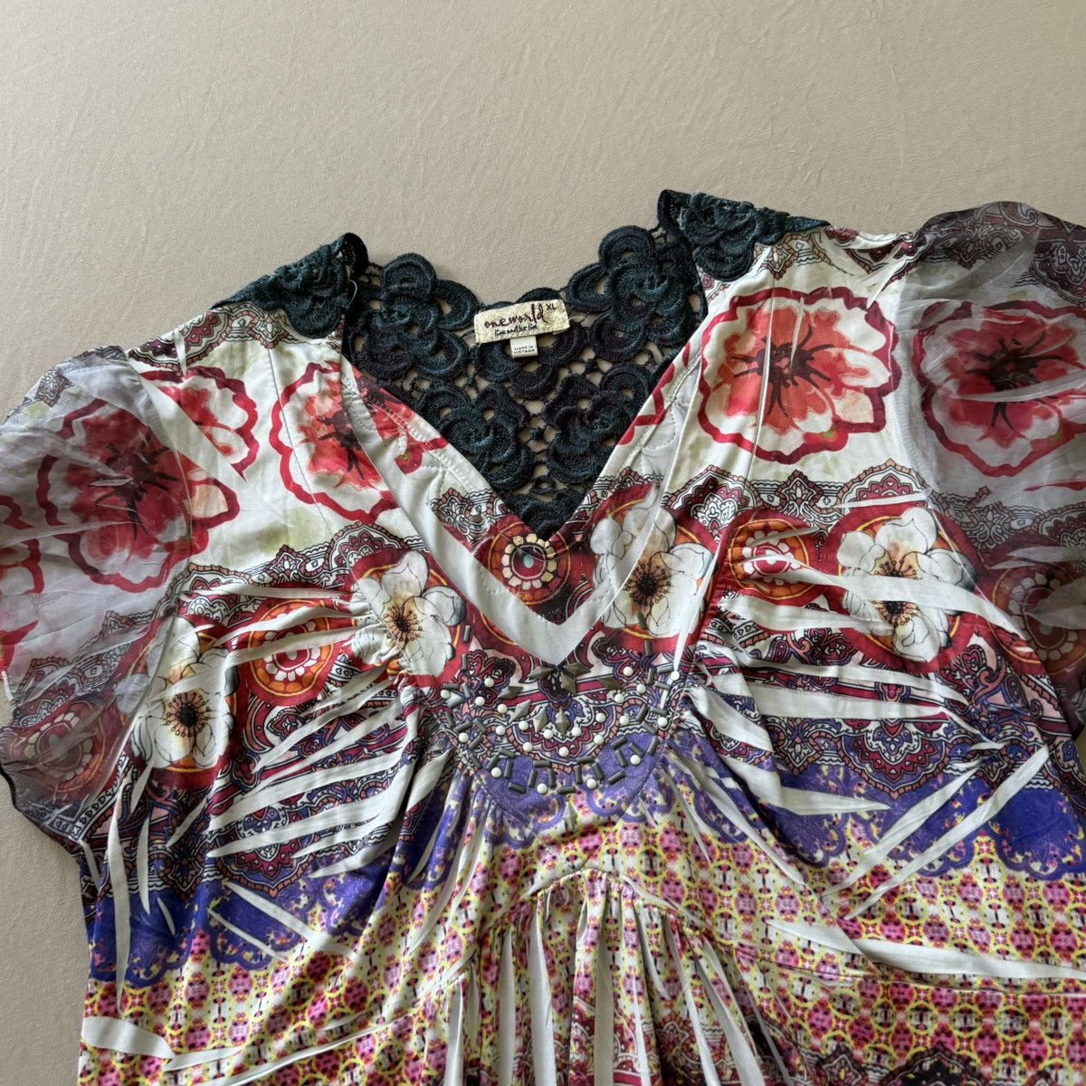 Other Y2K One World Lace Trim Flutter Sleeve Multi Pattern Top Size XL / US 12-14 / IT 48-50 - 3 Thumbnail