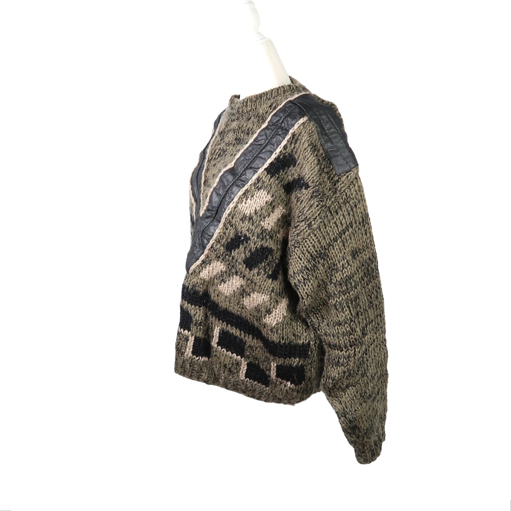 Olive VINTAGE 80s Trader Bay olive green and black knit and leather sweater L Women Geometric Chunky-Knit Balloon Sleeve Size L / US 10 / IT 46 - 3 Thumbnail