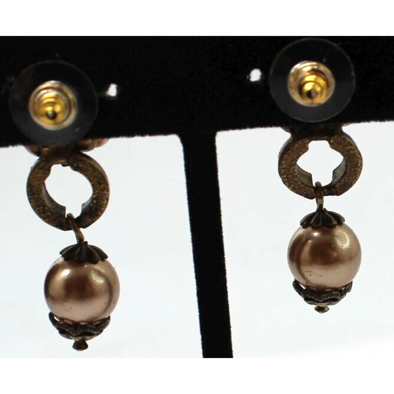 Other Dazzling Golden Beige Faux Pearl Rhinestone Earrings • 1.5" Size ONE SIZE - 4 Thumbnail