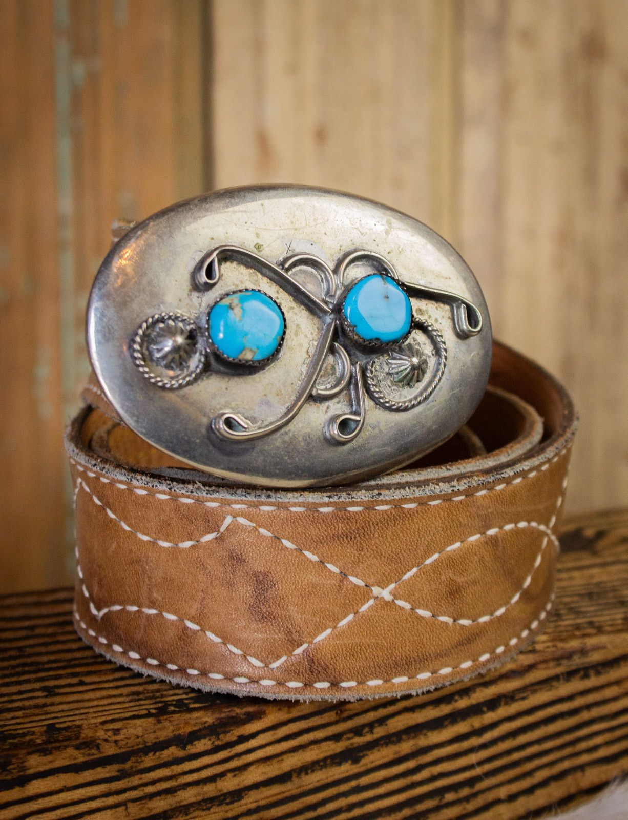 image of Vintage Tony Lama Leather Belt With Turquoise Buckle in Silver/Brown, Men's (Size 30)