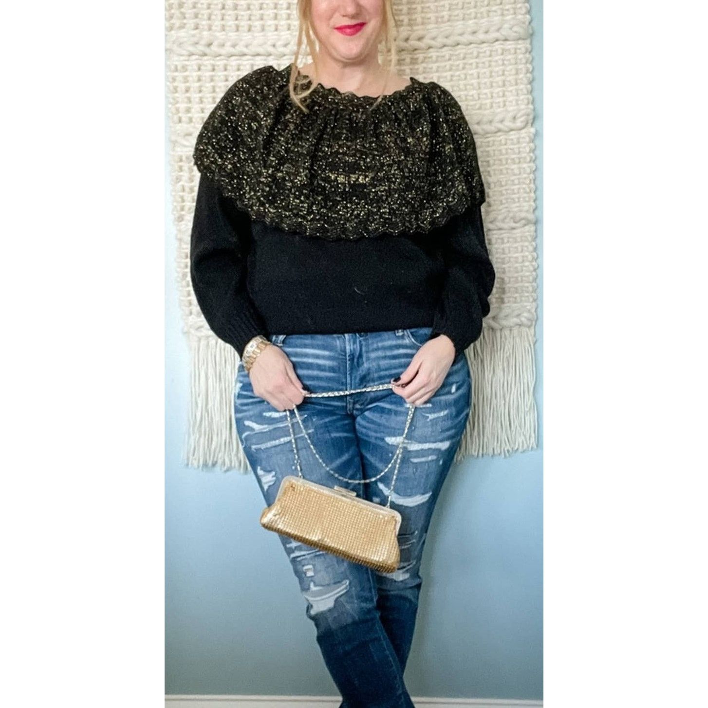 Vintage Vintage 80s ruffle neck gold metallic sparkle knit sweater L Size L / US 10 / IT 46 - 6 Thumbnail