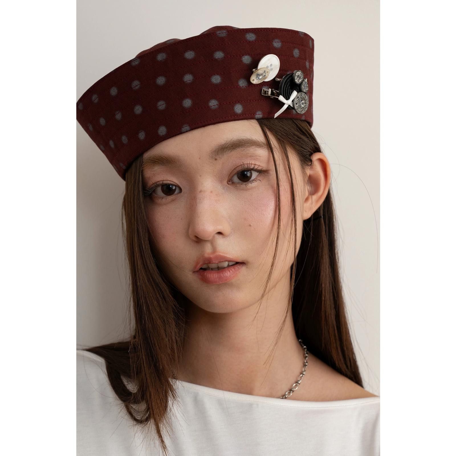 Japanese Brand Y2k Retro Burgundy Polka Dot Sailor Hat Y2K French Girl Size ONE SIZE - 1 Thumbnail