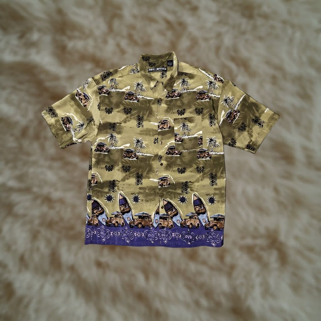 Vintage Box Office Island Shirt Mens Large Green Purple Hawaiian Surf Car Aloha Print Size US L / EU 52-54 / 3 - 1 Thumbnail