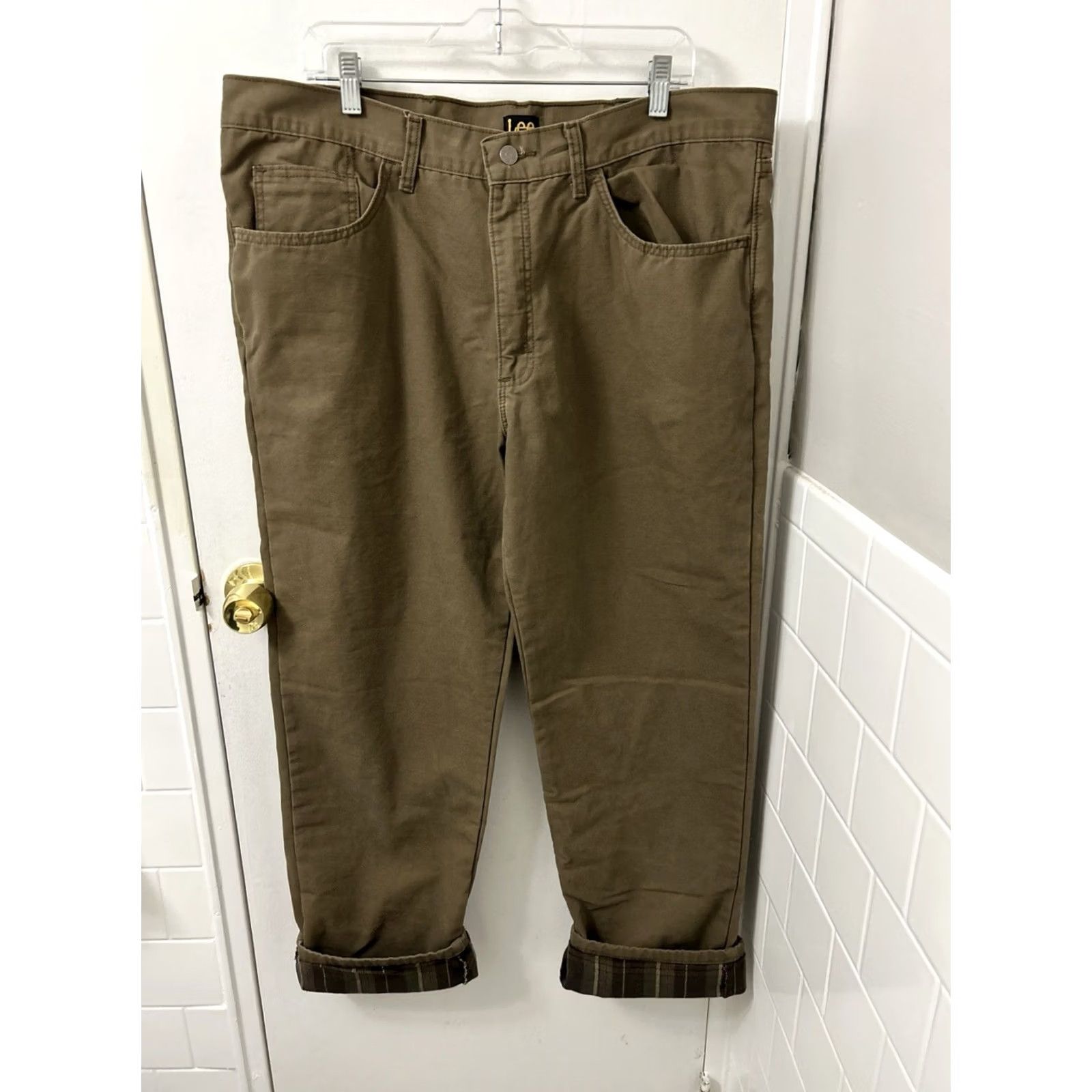 Lee VINTAGE Lee Flannel Lined Pants Mens 40x32 Brown Relaxed Fit Khaki Work Trousers Size US 40 / EU 56 - 2 Thumbnail