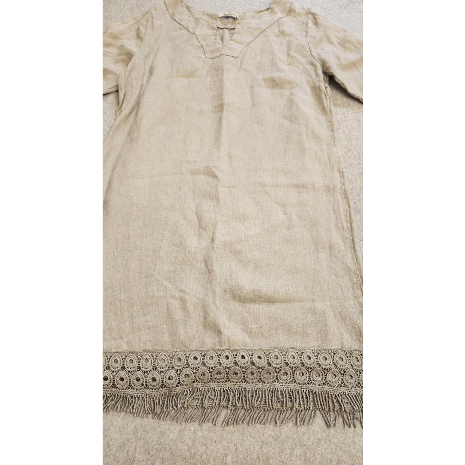 Vintage Alessia Pacini Tunic Dress Womens Small Beige Linen Crochet Fringe Made in Italy Size S / US 4 / IT 40 - 3 Thumbnail