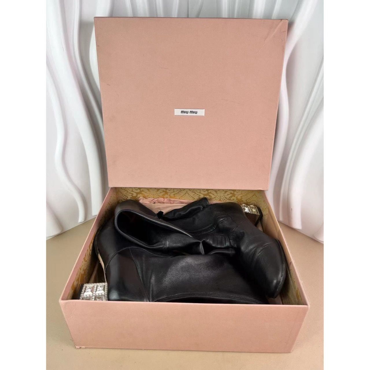 Miu Miu Miu Miu Womens Black Leather Thigh-High Boots With Crystal H Size US 6 / IT 36 - 3 Thumbnail