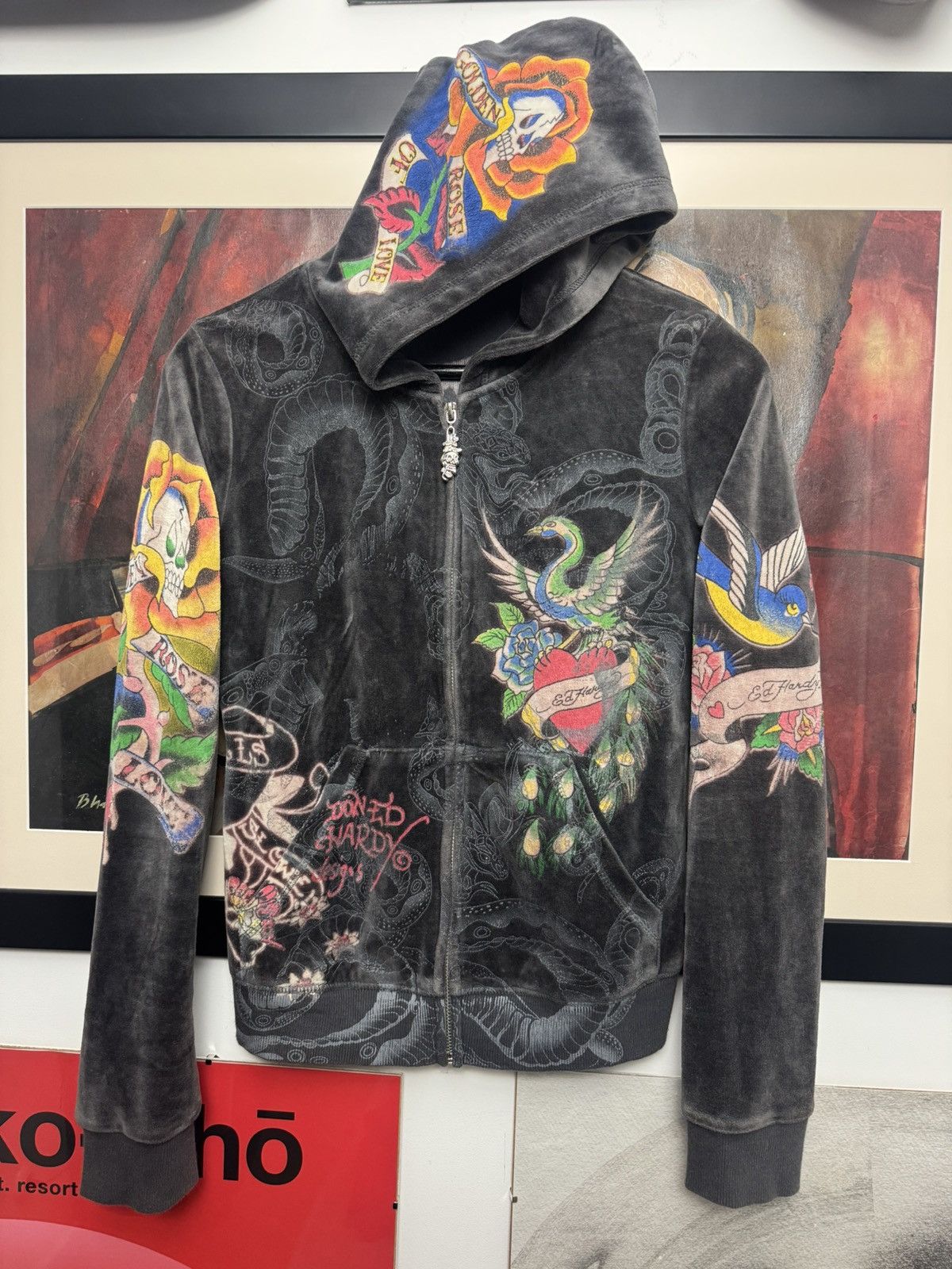 Ed Hardy Ed Hardy Women Zip Velour Velvet Hoodie Drip Y2k Tattoo Hype Size L / US 10 / IT 46 - 1 Thumbnail