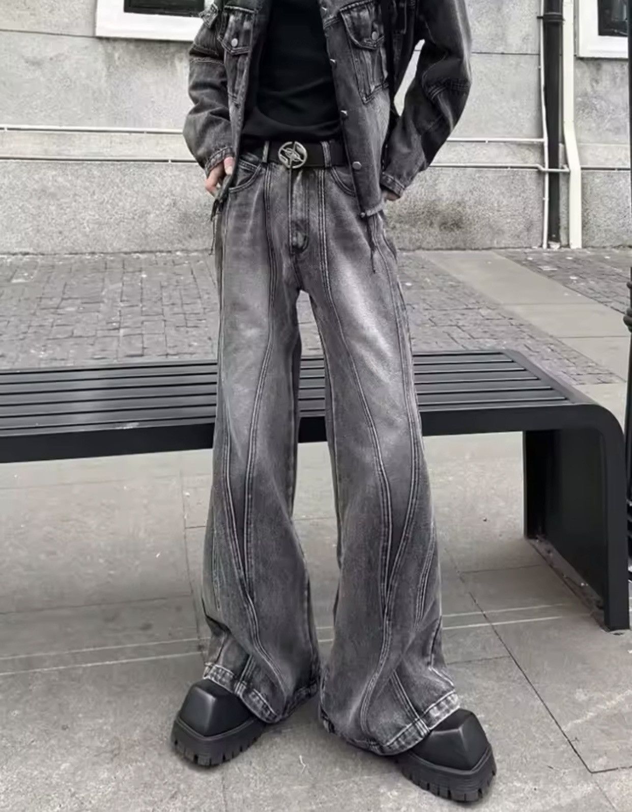 Denime × Vintage Y2K Streetwear Washed Grey Baggy Stacked Flare Jeans Size US 28 / EU 44 - 6 Thumbnail