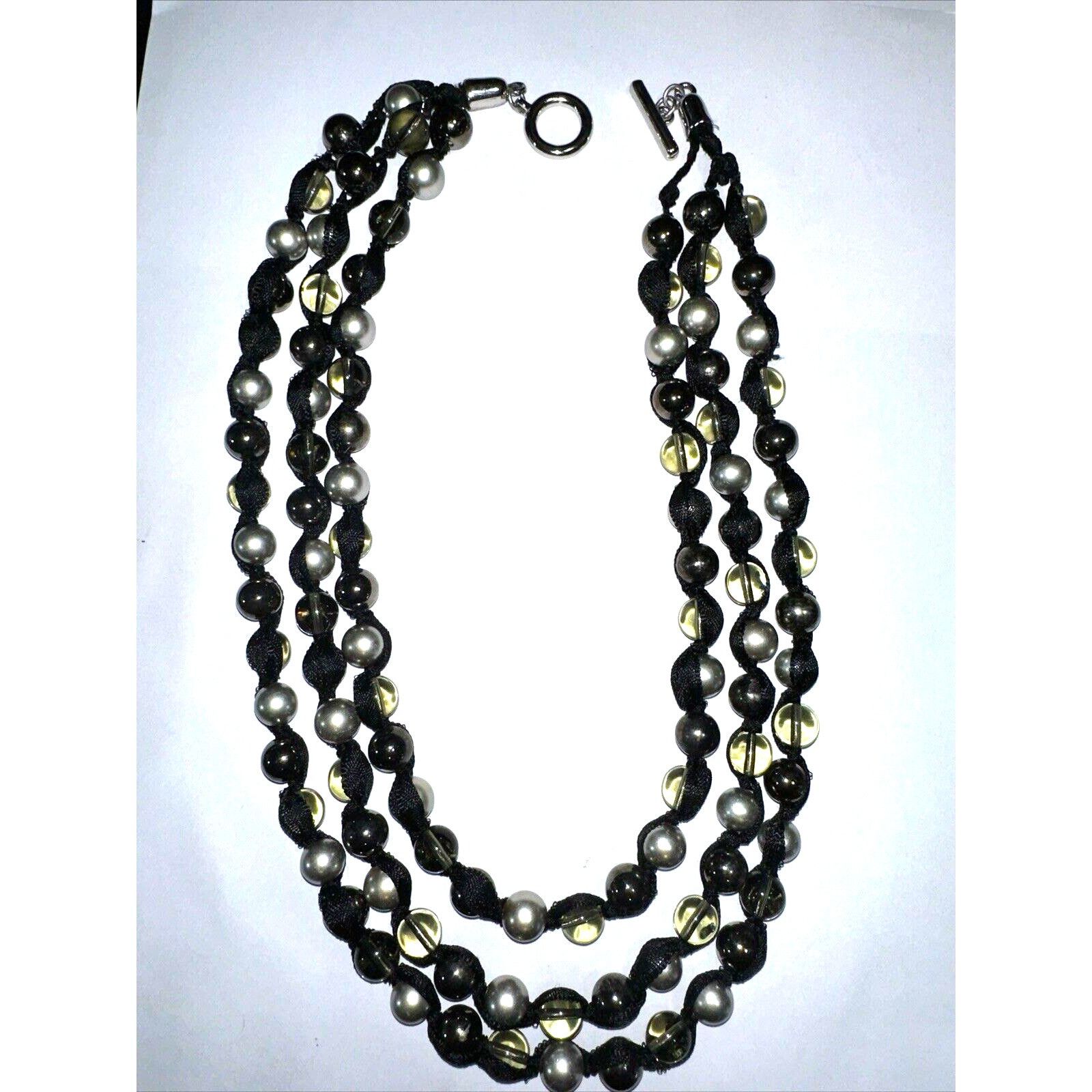 Other MultiStrand Ribbon Necklace Silver Blk Clear Glass Beads 22" Size ONE SIZE - 1 Thumbnail