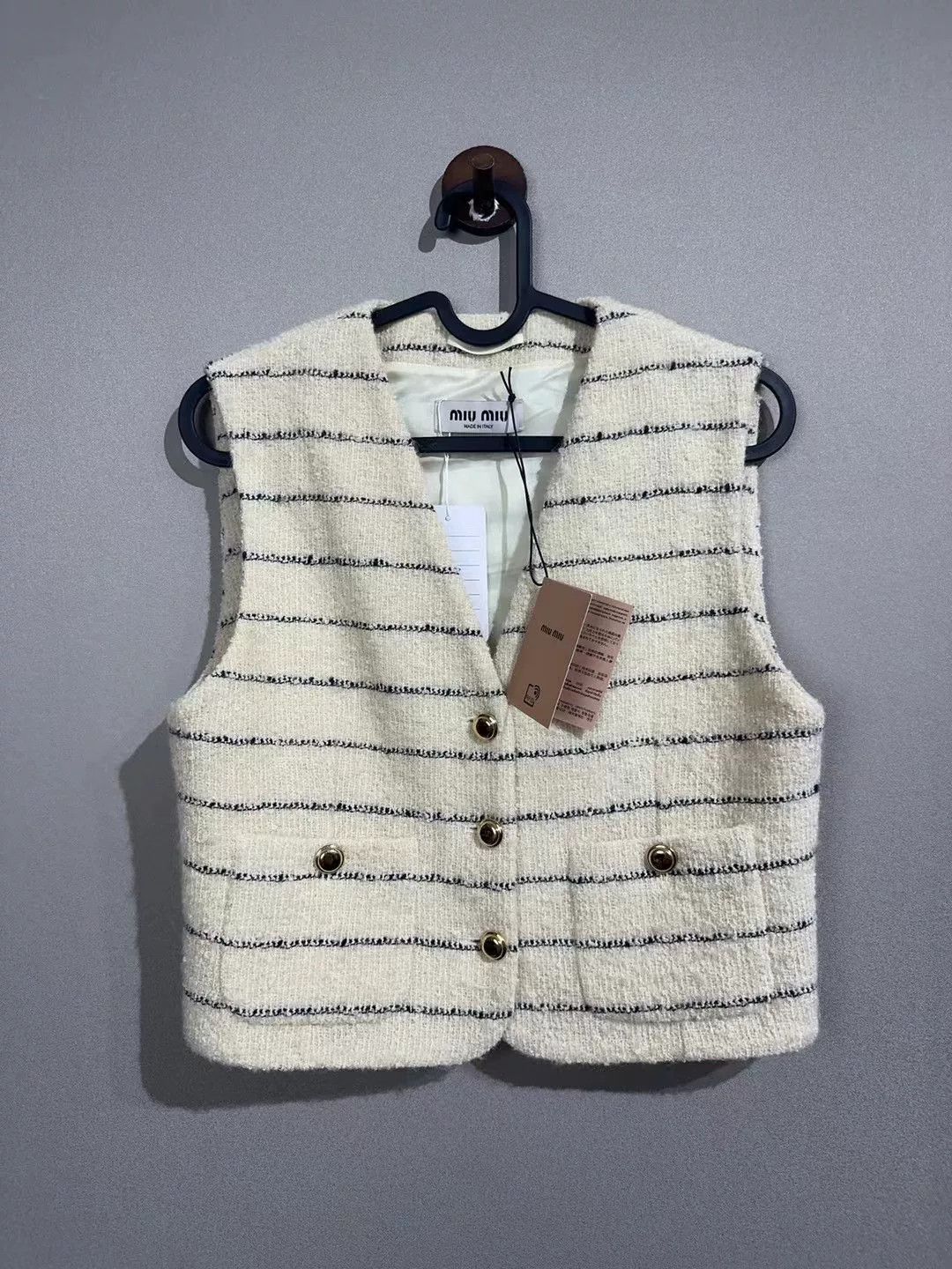 miumiu striped tweed vest with gold buttons