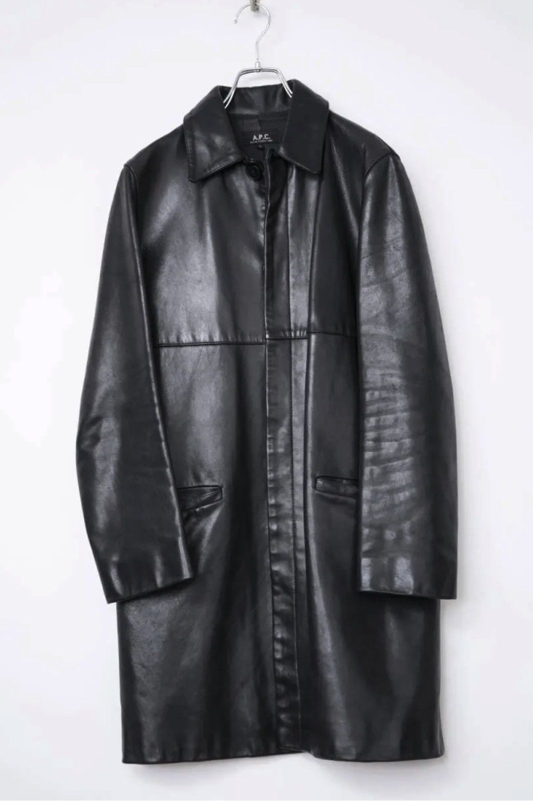 image of A P C Long Black Leather Mac Coat, Men's (Size Small)