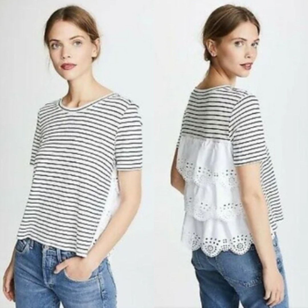 Joie JOIE White Blue Striped Ruffle Tiered Eyelet Lace Shirt Top Size S / US 4 / IT 40 - 9 Thumbnail