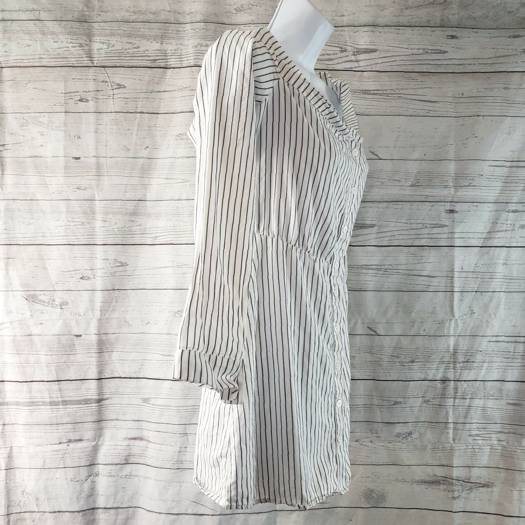 Reformation Reformation Women's Bromley Dress Sz 4 White Striped Off Shoulder Button Front Mini Casual Spring Summer Viscose Long Sleeve Womens Size S / US 4 / IT 40 - 2 Thumbnail