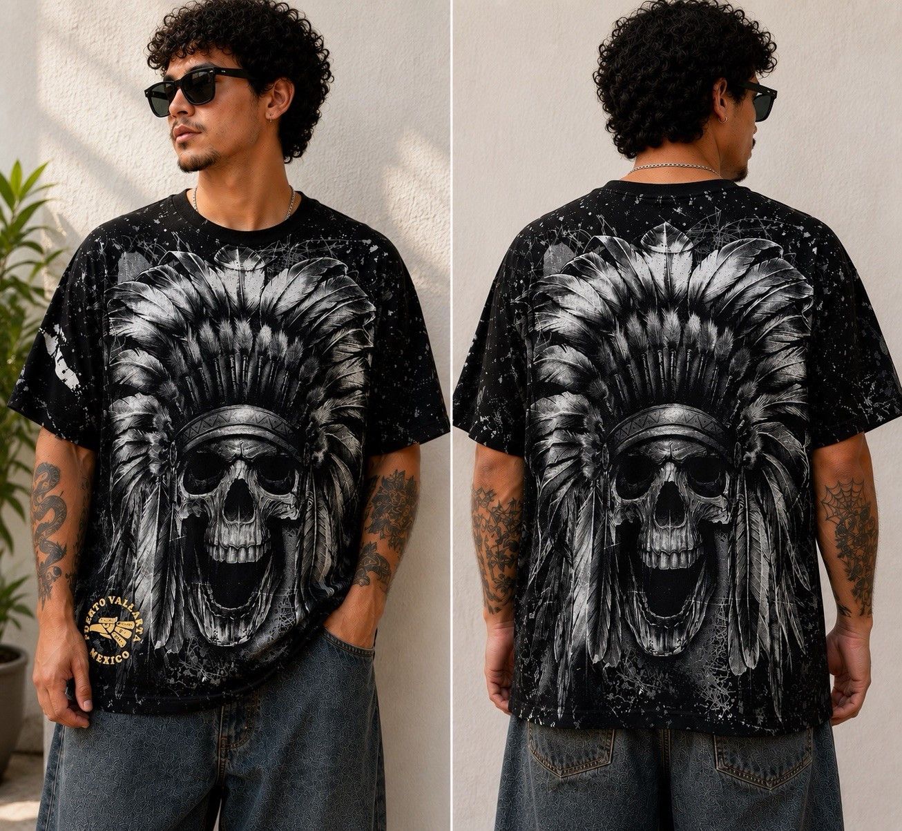 Other Puerto Vallarta Mexico AOP Skull Feather Headdress Tee Goth Size US L / EU 52-54 / 3 - 1 Thumbnail
