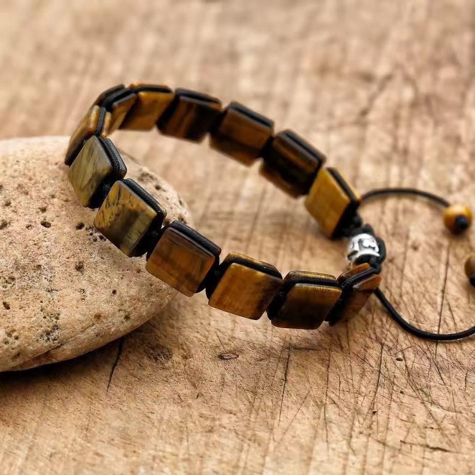 Handmade 10mm Square Tiger Eye Stone Beads Braided Bracelet Size ONE SIZE - 4 Thumbnail