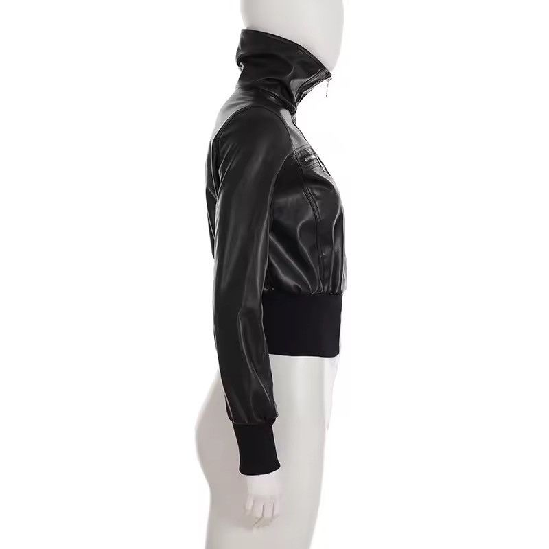 Japanese Brand Y2K Black PU Leather Bomber Jacket - Cropped Tight Fit Size M / US 6-8 / IT 42-44 - 7 Thumbnail