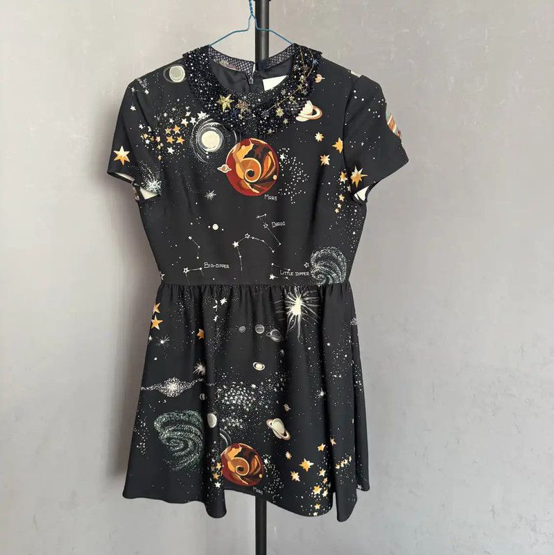 Valentino Valentino Black Cotton Dress with Cosmic Print 0089 Size L / US 10 / IT 46 - 1 Thumbnail