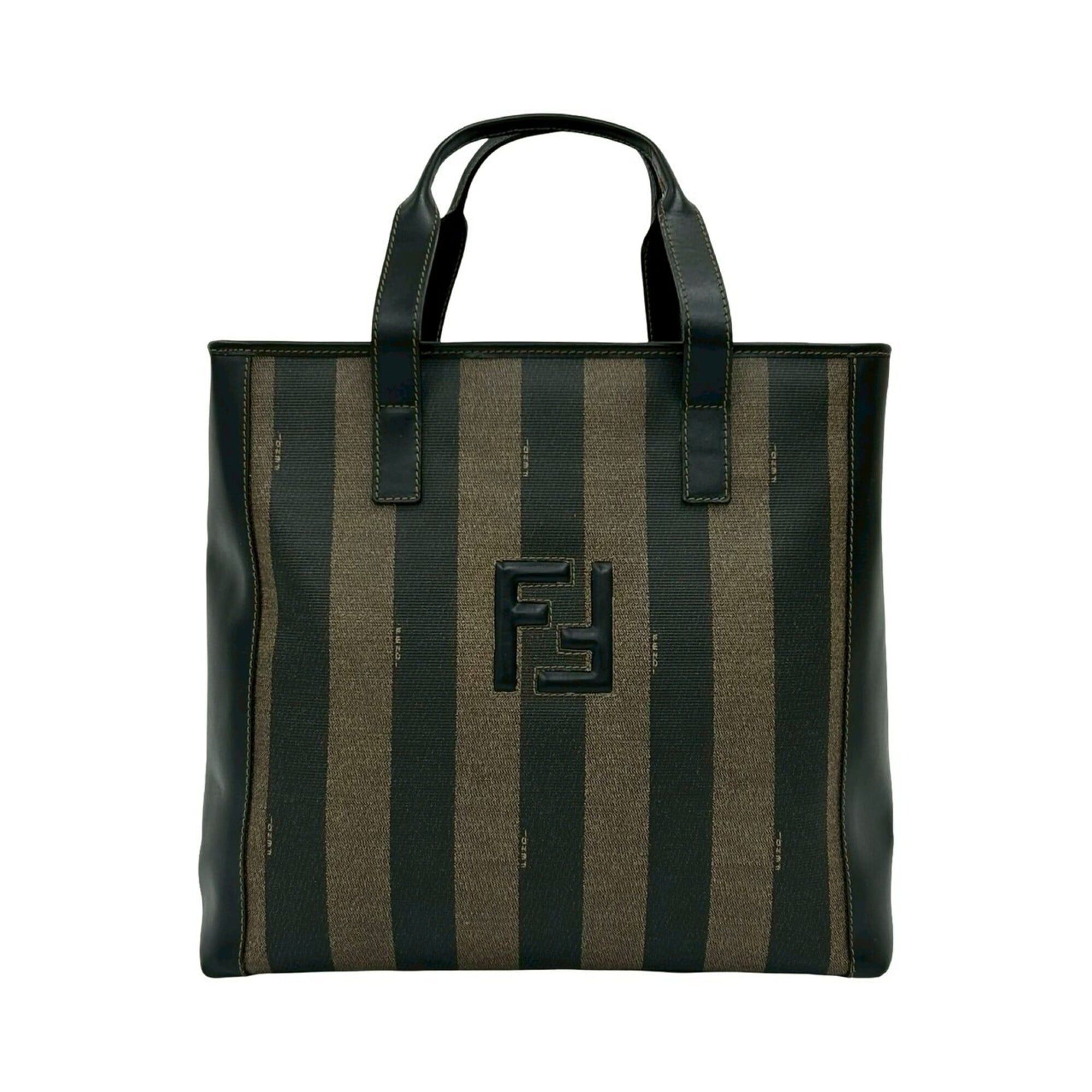 Fendi FENDI Pequin Pattern Stripe Zucca FF Leather Handbag Mini Tote Bag Black Khaki 44455 Size ONE SIZE - 1 Thumbnail