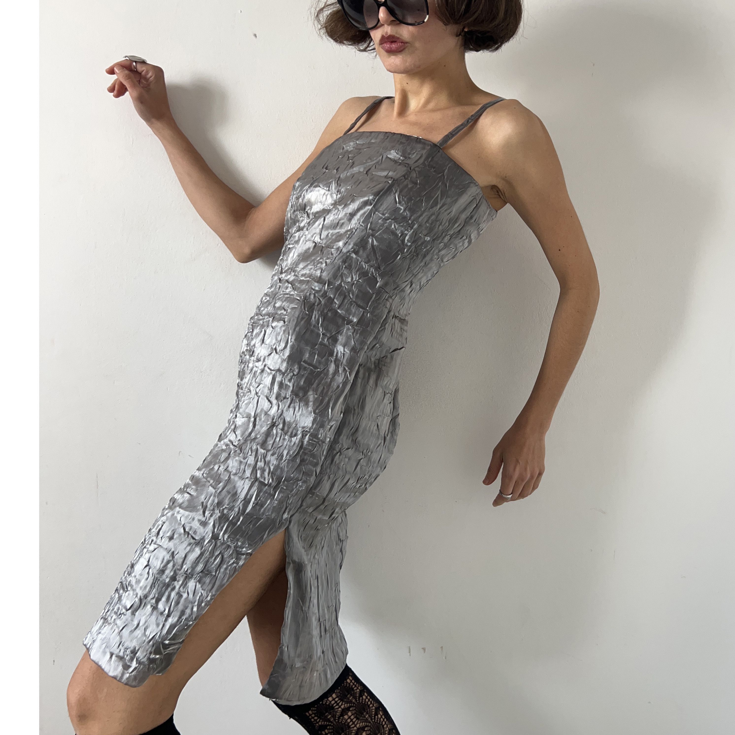Vintage Vintage silver crinkle raver slip dress Size S / US 4 / IT 40 - 4 Thumbnail