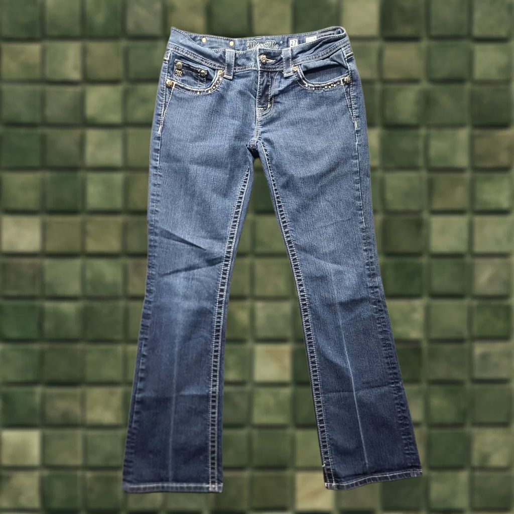 Miss Me Miss Me Jeans Womens 27x32 Regular Boot Mid Rise Distressed Stretch Denim Blue 5-Pocket Design Cowboy Western Y2K Mens? Size 27" / US 4 / IT 40 - 1 Thumbnail