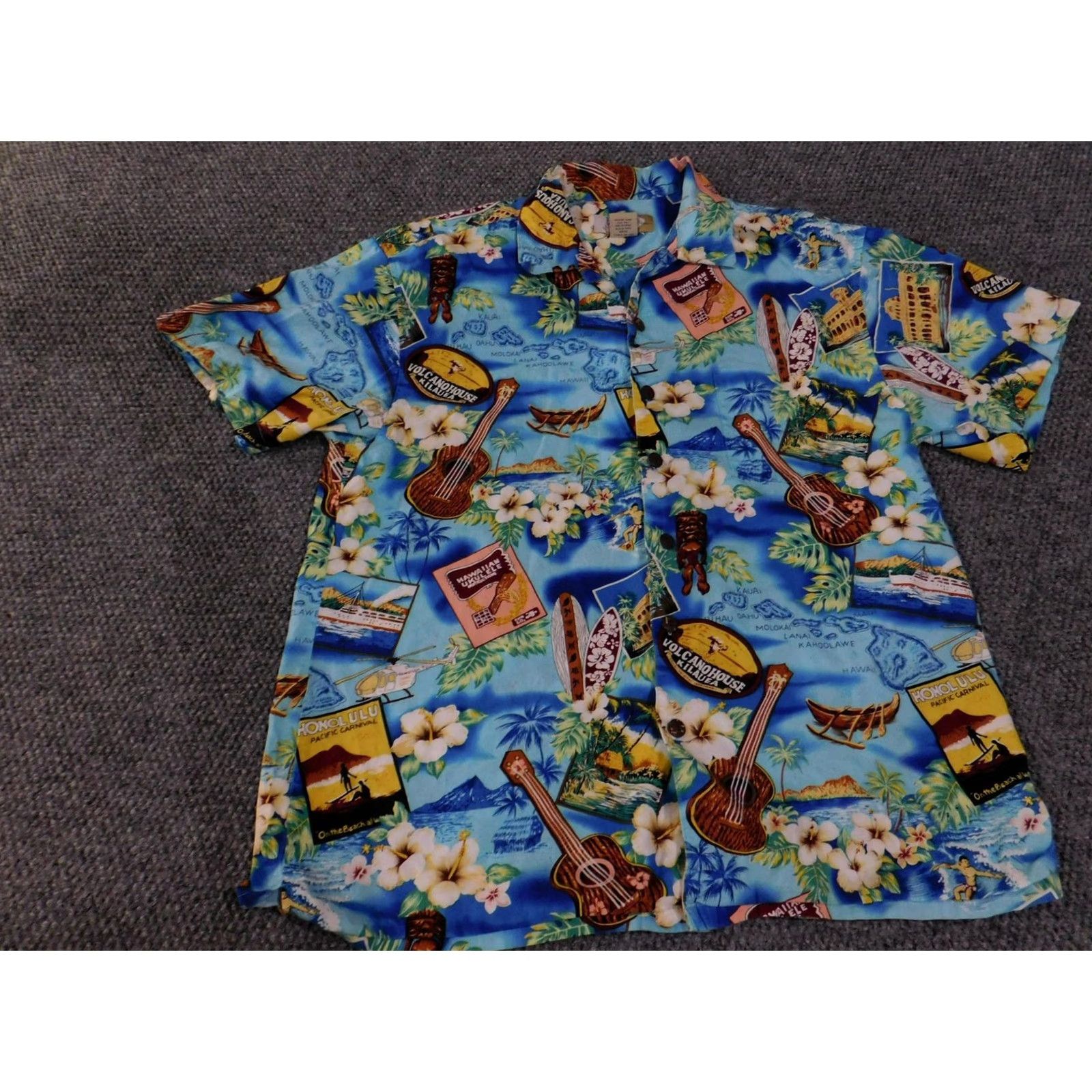 Vintage High Surf Shirt Mens XL Blue Hawaiian Aloha Floral Ukulele Surf Vacation Print Shirt Size US XL / EU 56 / 4 - 3 Thumbnail