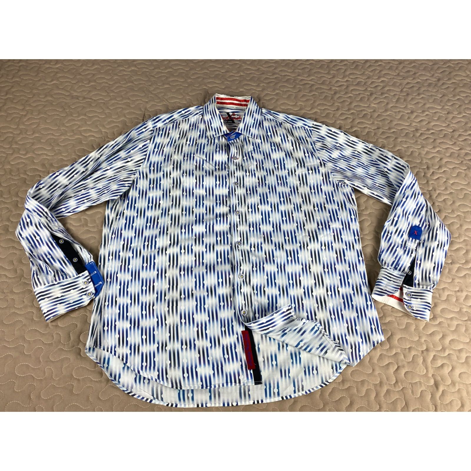 Robert Graham VINTAGE Robert Graham X Mens Dress Shirt Button Down Sz L Blue & White Stripes Circles Shirt Mens Large Blue White Striped Circles Size 42R - 3 Thumbnail