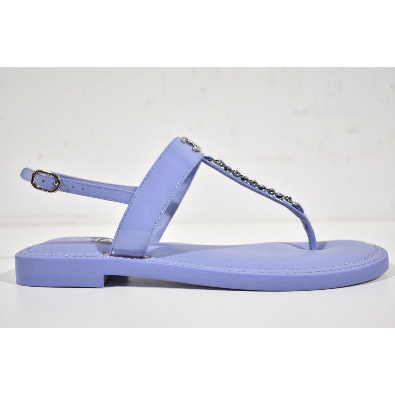 Chanel 22C Purple Patent Silver Chain Logo Thong Sandal 37