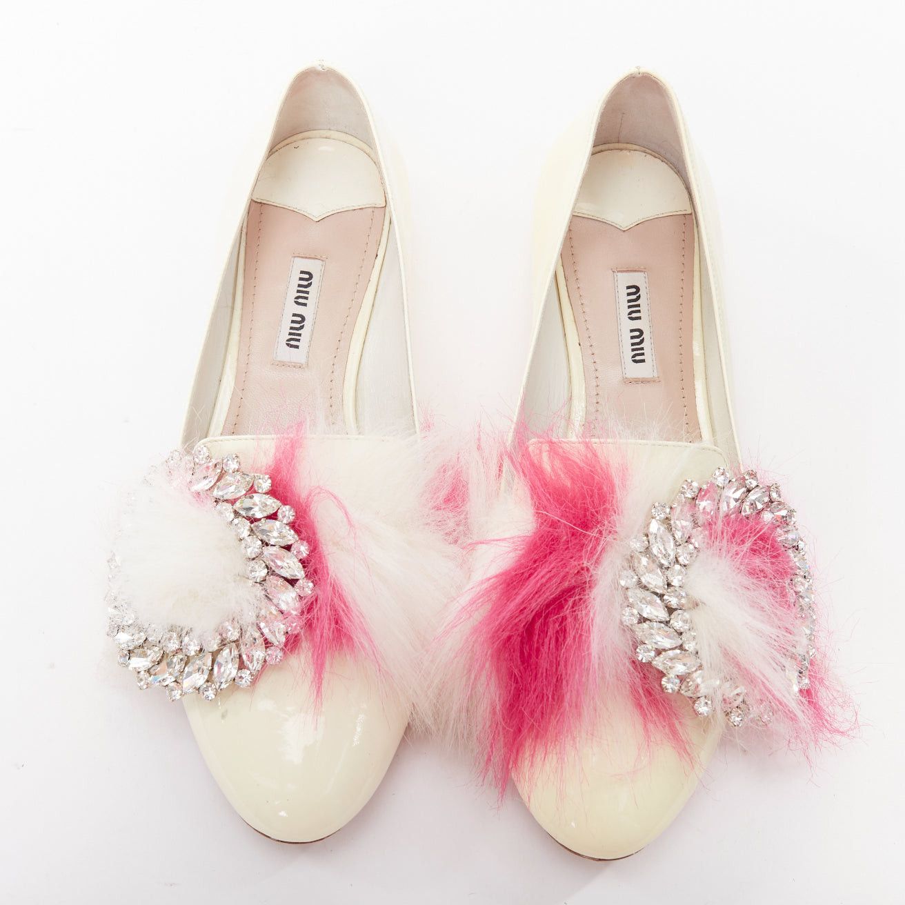 Miu Miu MIU MIU 2017 cream patent white pink faux fur buckle flats EU37.5 Size US 7.5 / IT 37.5 - 1 Thumbnail