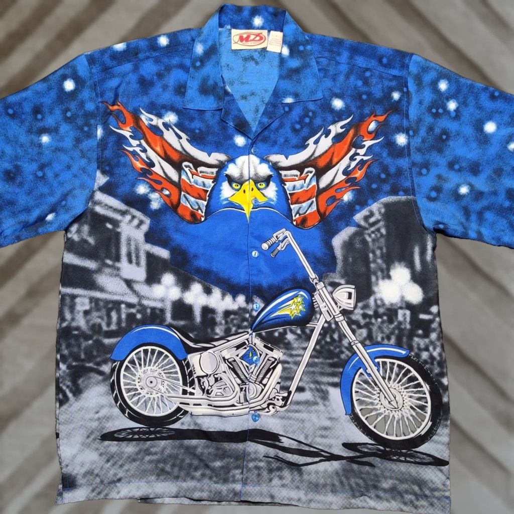 Vintage VTG Malibu Dreams Men Large Bald Eagle & Motorcycle Chopper All Over Print Button-Down Shirt Size US L / EU 52-54 / 3 - 1 Thumbnail