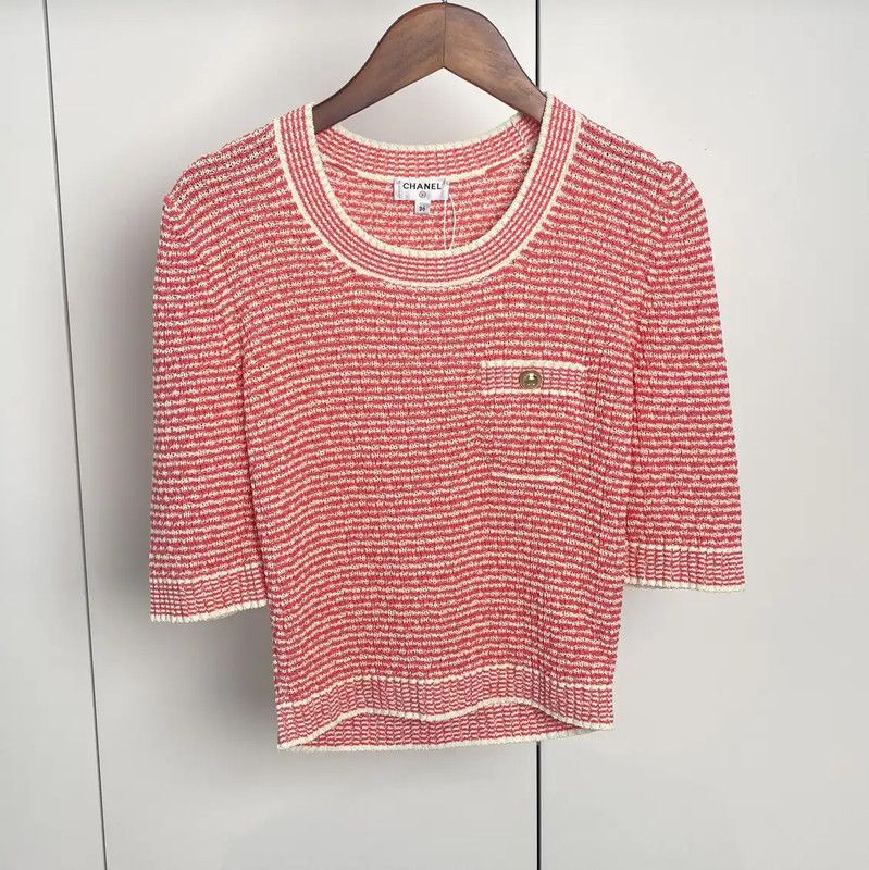 Chanel Chanel Red Striped Cotton Crop T-Shirt 0089 Size M / US 6-8 / IT 42-44 - 1 Thumbnail