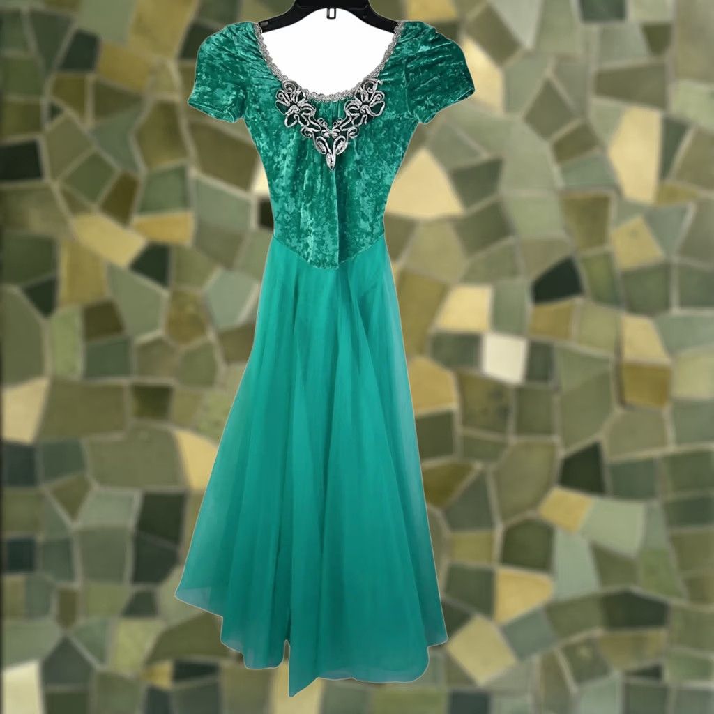 Velvet VINTAGE Curtain Call Costumes Dress Velvet Leotard Dance Green S Size S / US 4 / IT 40 - 1 Thumbnail