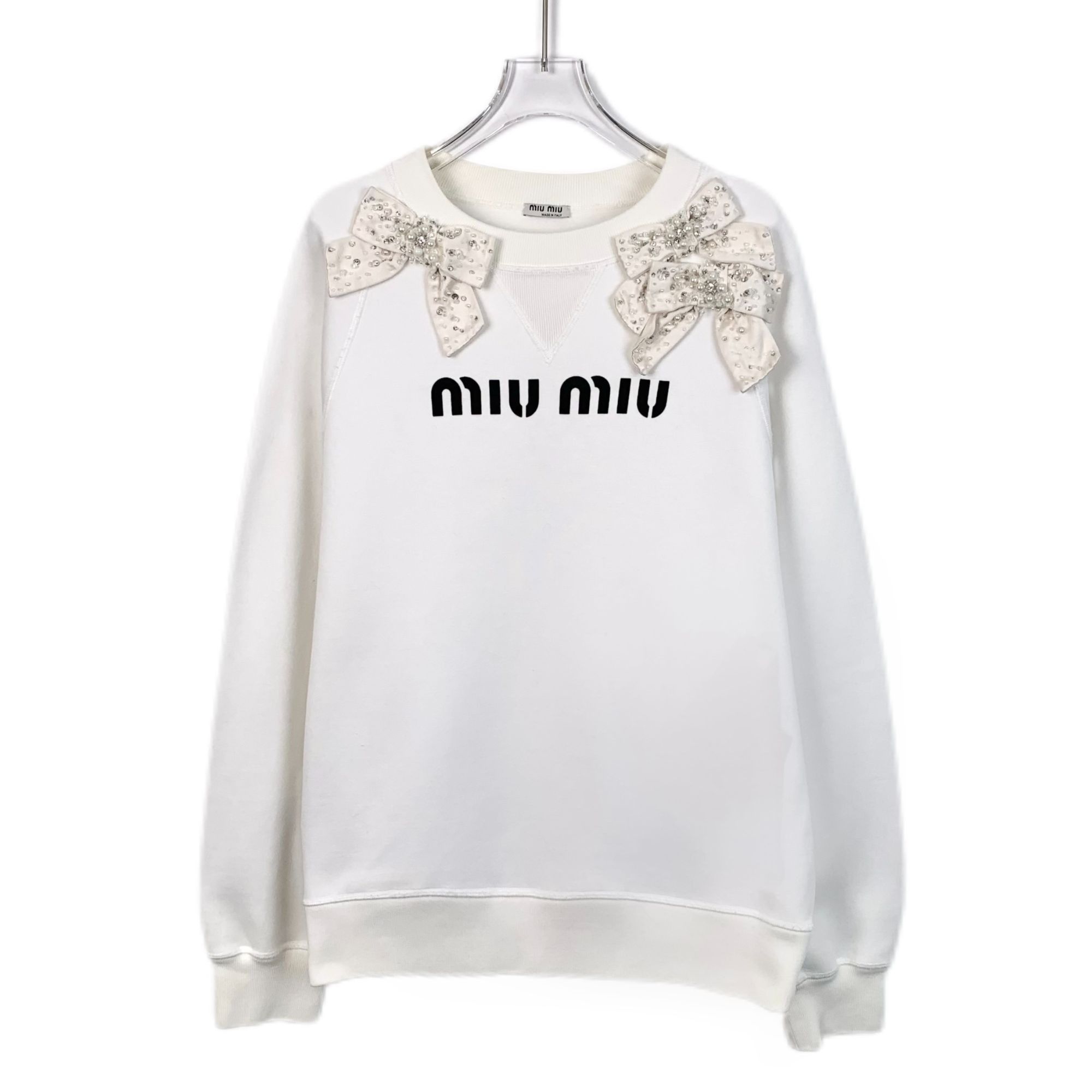 Miu Miu White Cotton Beaded Bow Embellished Long Sleeve Swea