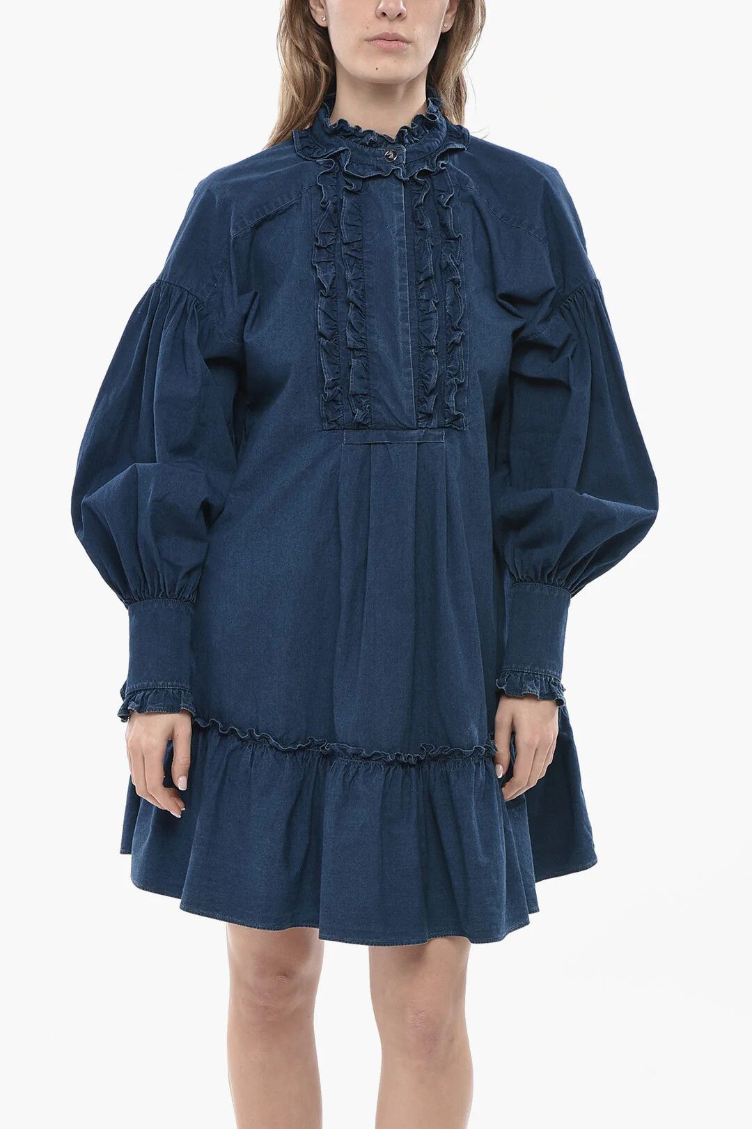 Valentino og1mm0426 Ruffle-Front Cotton Shirt Dress in Blue Size S / US 4 / IT 40 - 4 Thumbnail