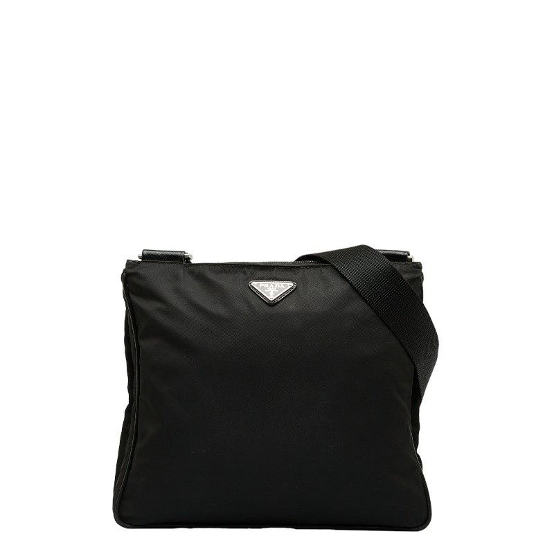 image of Prada Triangle Logo Plate Silver Hardware Crossbody Shoulder Bag Black, Women's