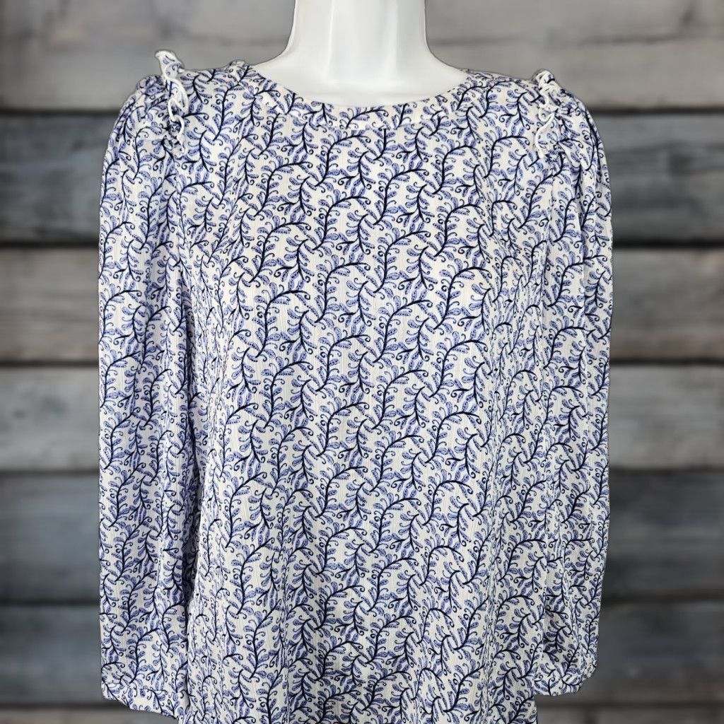 Loft Ann Taylor LOFT Womens Printed Top Sz Small Blue White Long Sleeve Blouse Shirt Size S / US 4 / IT 40 - 1 Thumbnail